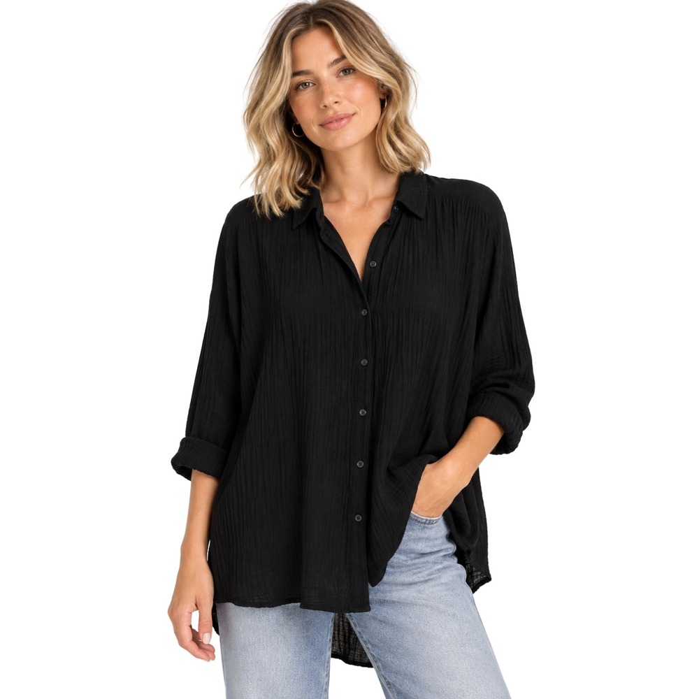 Eileen Fisher Top Small Black Crinkle Gauze Button Down Relaxed Fit Minimalist